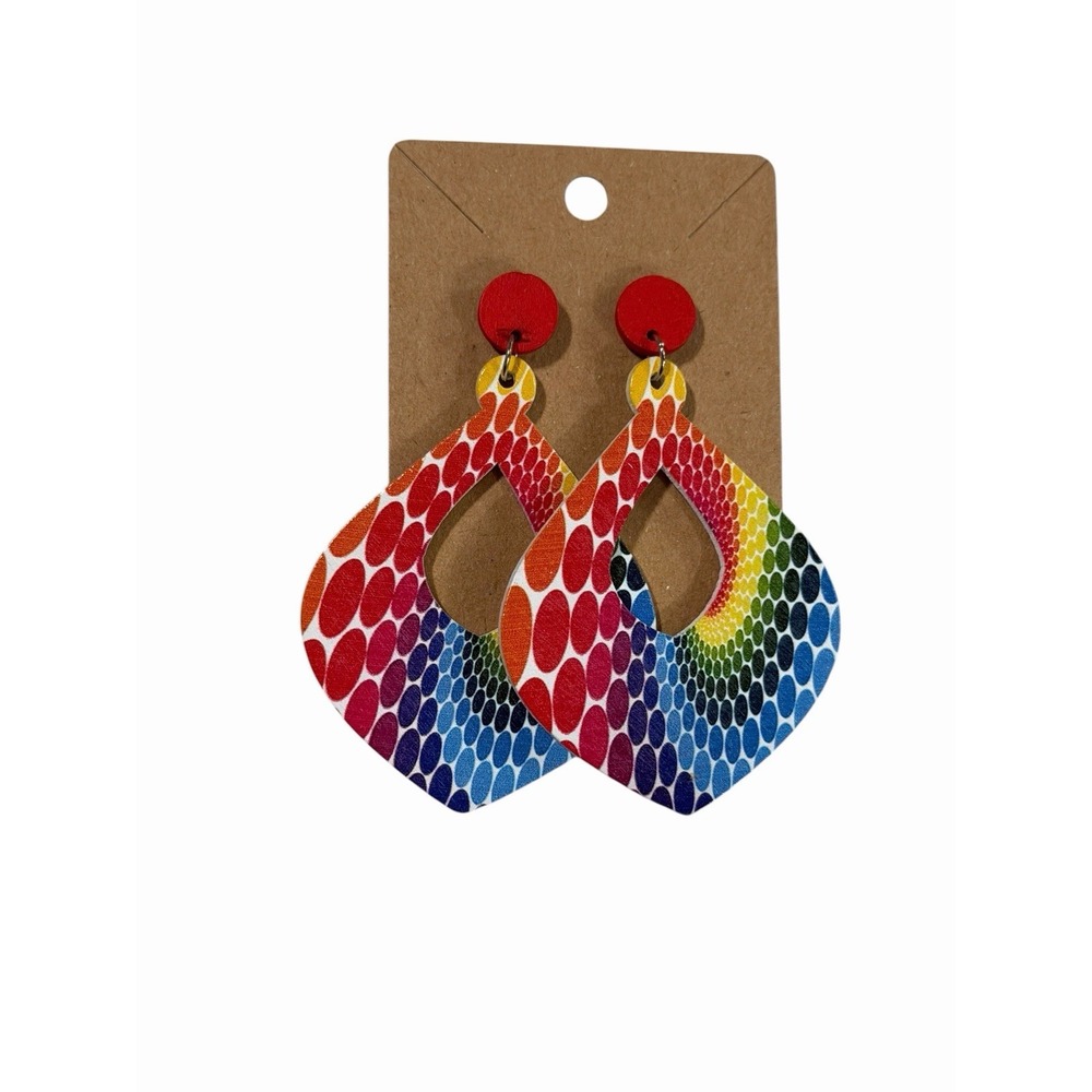 Rainbow Swirl Teardrop Earrings Polka Dot Psychedelic Pride Festival Drop Studs